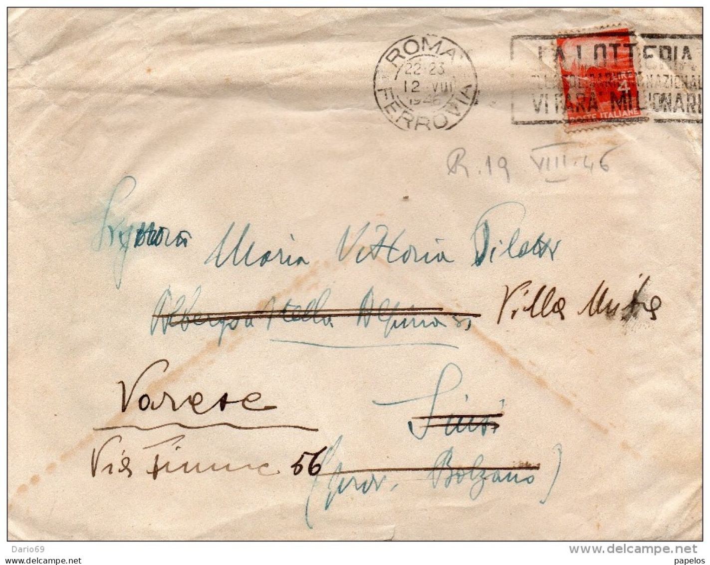 1946 LETTERA CON ANNULLO ROMA + TARGHETTA  LOTTERIA DELLA SOLIDARIETÀ - 1946-60: Storia Postale
