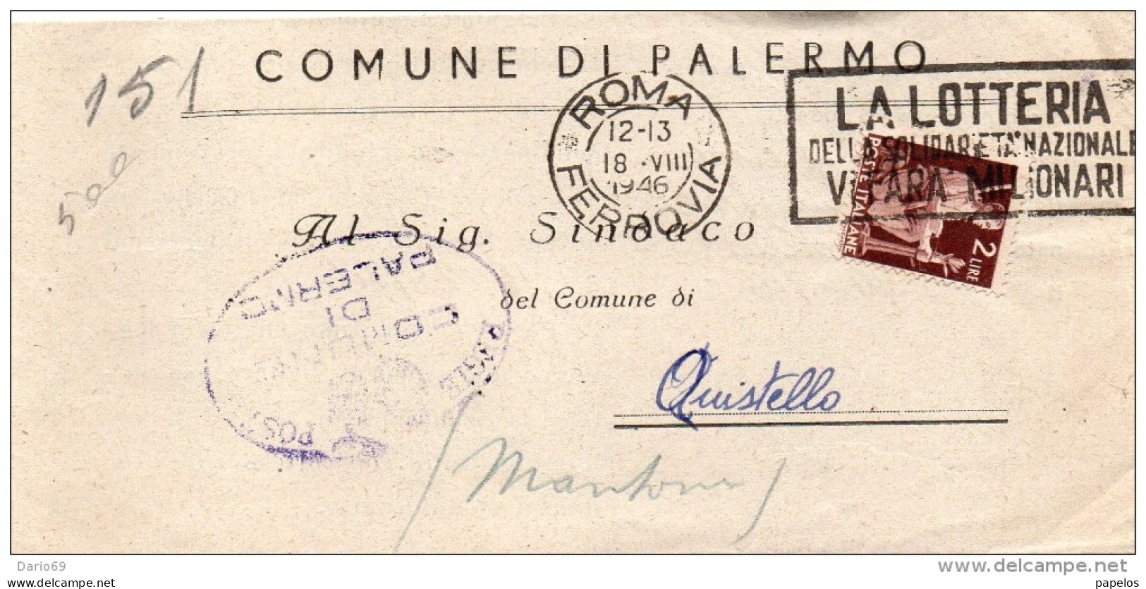 1946 LETTERA  CON ANNULLO ROMA + TARGHETTA  LOTTERIA DELLA SOLIDARIETÀ - 1946-60: Storia Postale