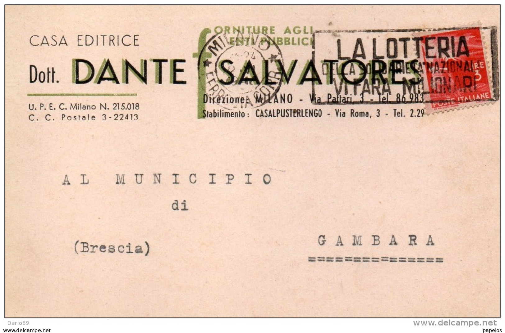 1946 CARTOLINA CON ANNULLO MILANO + TARGHETTA  LOTTERIA DELLA SOLIDARIETÀ - 1946-60: Storia Postale