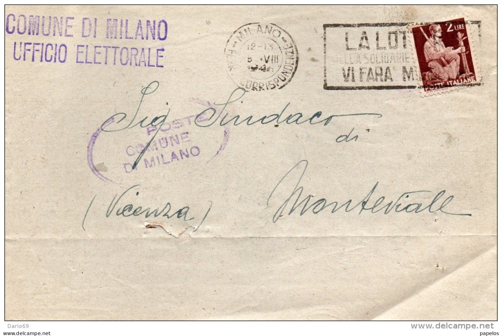 1946 LETTERA  CON ANNULLO MILANO + TARGHETTA  LOTTERIA DELLA SOLIDARIETÀ - 1946-60: Storia Postale