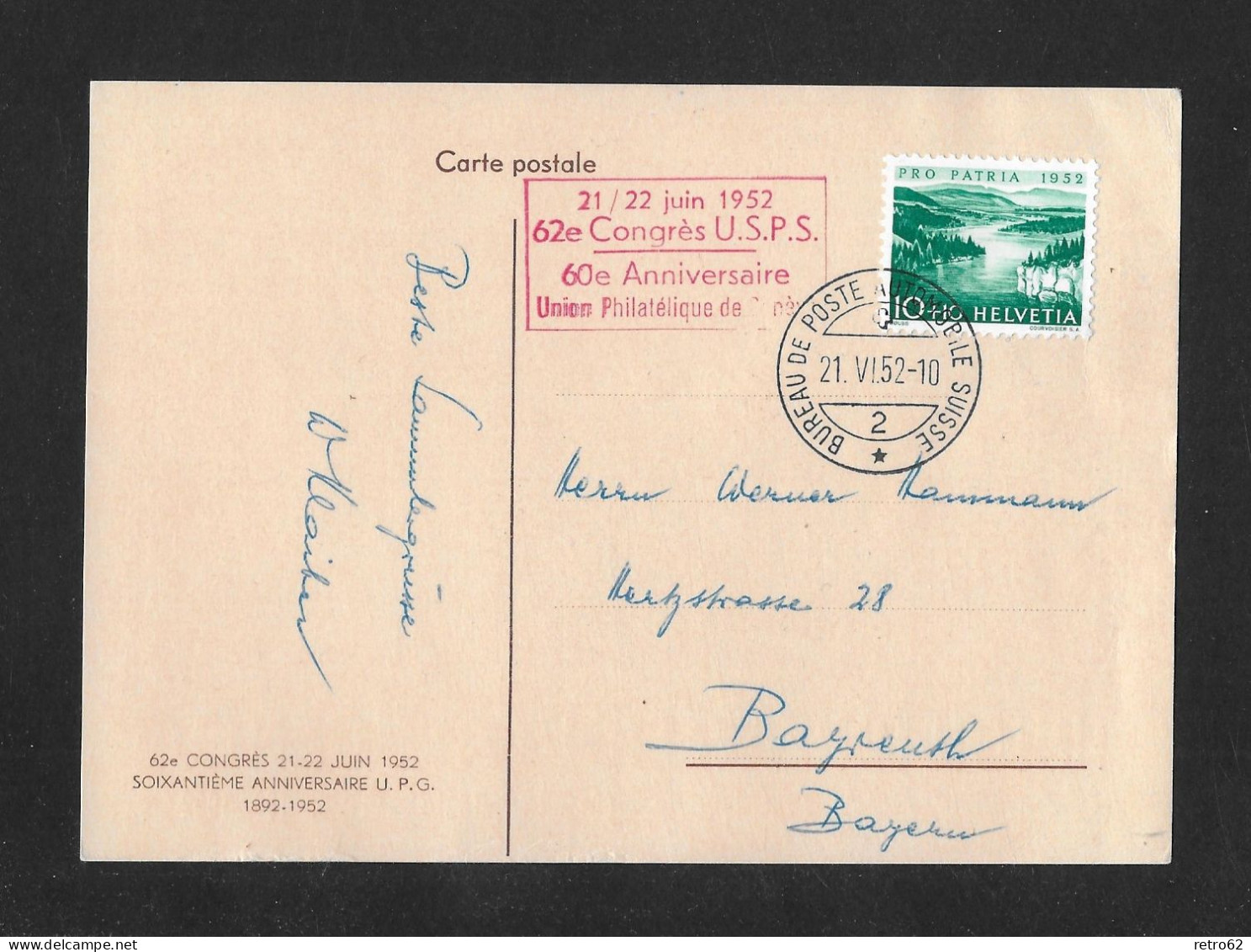 1952 UNION PHILATÉLIQUE DE GENÈVE ► Attraktive Jubiläumskarte Mit Mit Postkutsche - Cartas & Documentos