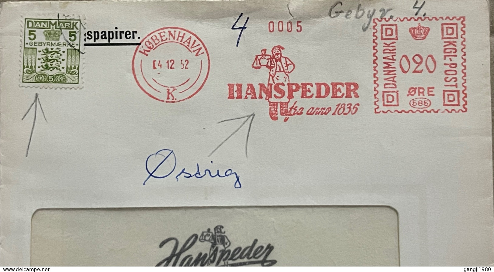 DENMARK 1952, ADVERTISING COVER USED, METER PICTURE SLOGAN CANCEL, SPECIAL FEE GEBYR STAMP, HANS PEDERSEN &CÓ. - Lettres & Documents