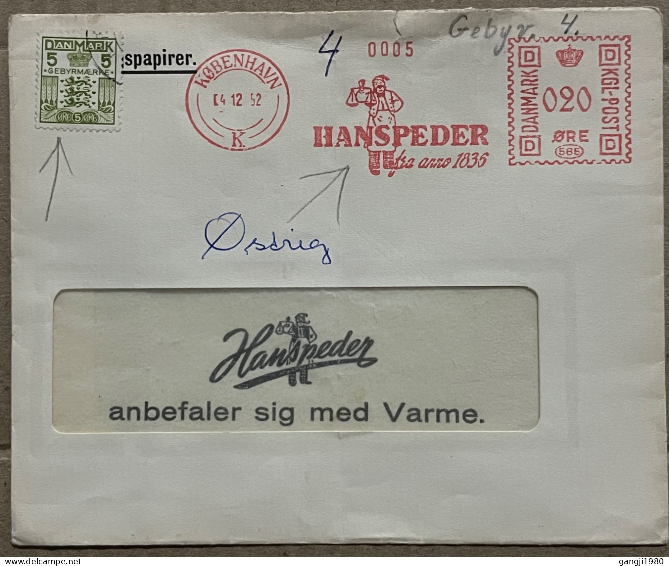 DENMARK 1952, ADVERTISING COVER USED, METER PICTURE SLOGAN CANCEL, SPECIAL FEE GEBYR STAMP, HANS PEDERSEN &CÓ. - Lettres & Documents