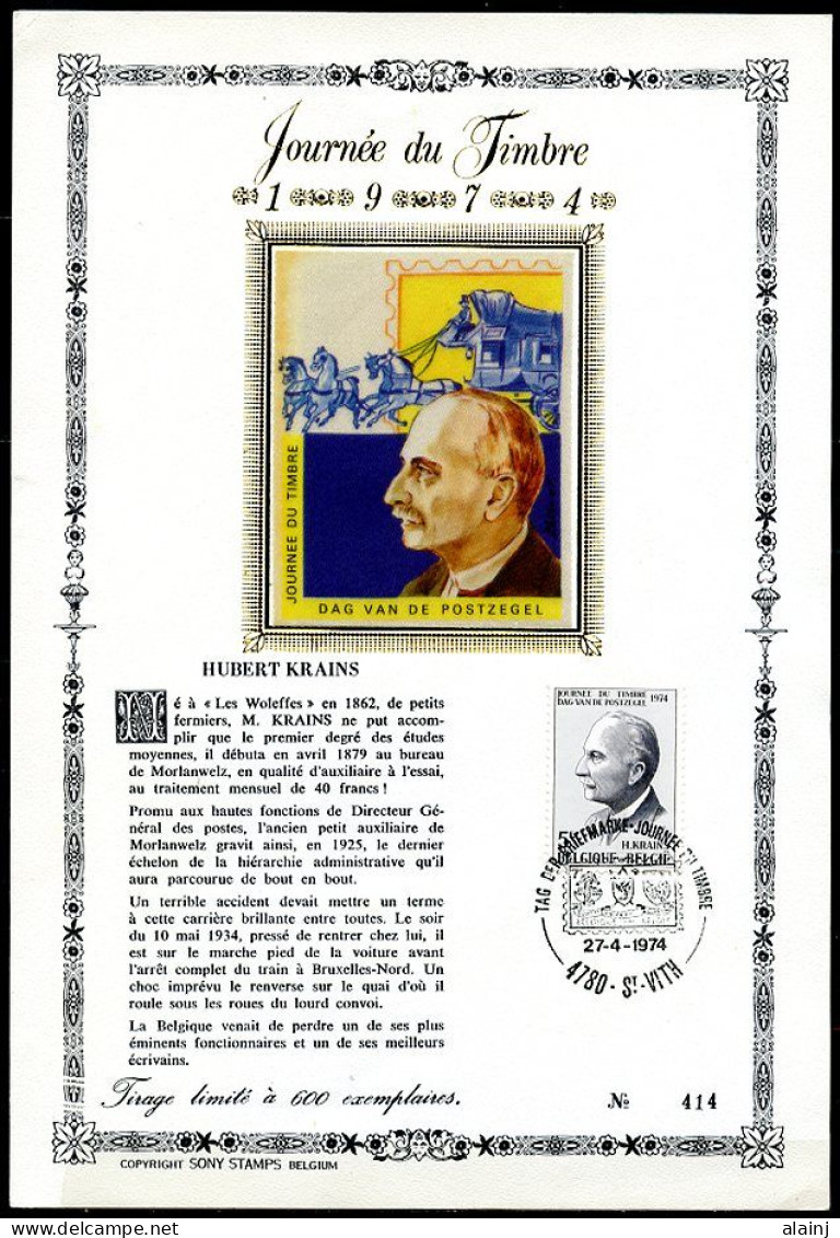 BE   1713   Obl    ----     Feuillet Sur Soie  --  Jounée Du Timbre 1974 -- Cachet Saint Vith - Storia Postale