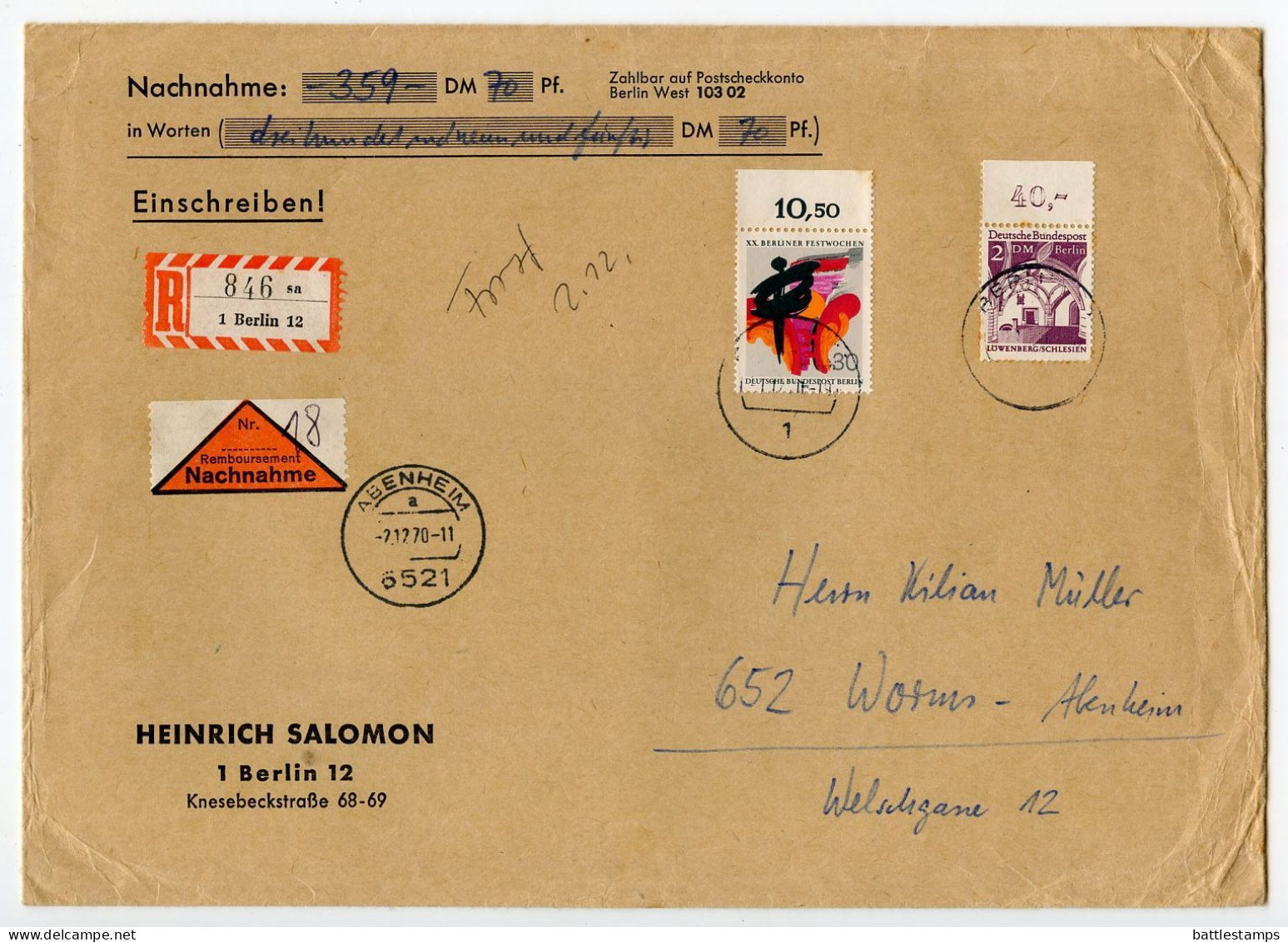 Germany, Berlin 1970 Registered Cover To Abenheim-Worms; Nachnahme Label; 30pf. Festival Weeks & 2m. Lowenberg Town Hall - Briefe U. Dokumente