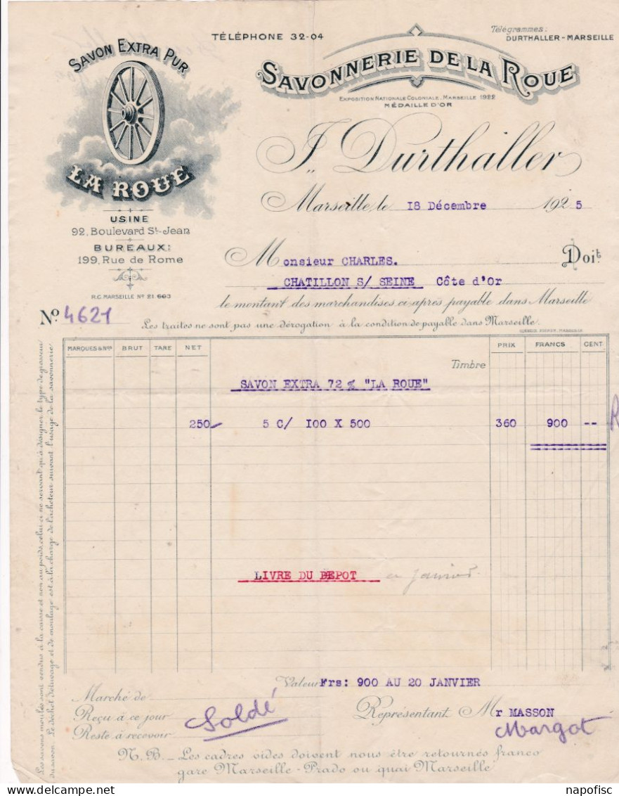 13-J.Durthaller....Savonnerie De  La Roue....Marseille...(Bouches-du-Rhône)...1925 - Droguerie & Parfumerie