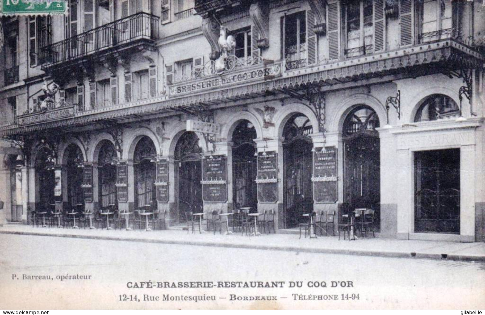 33 - BORDEAUX -  Café Brasserie - Restaurant Du Coq D'Or- 12/14 Rue Montesquieu - Bordeaux
