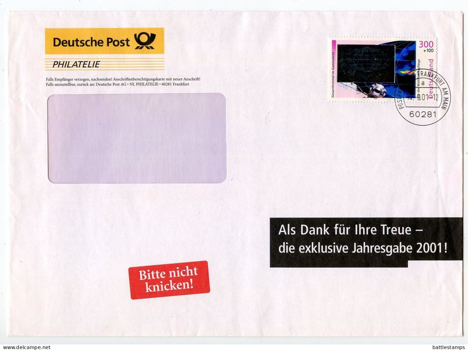 Germany 2001 Cover; Frankfurt Am Main - Deutsche Post; 300pf.+100pf. Cosmos - Gamma Ray Image, Hologram - Cartas & Documentos