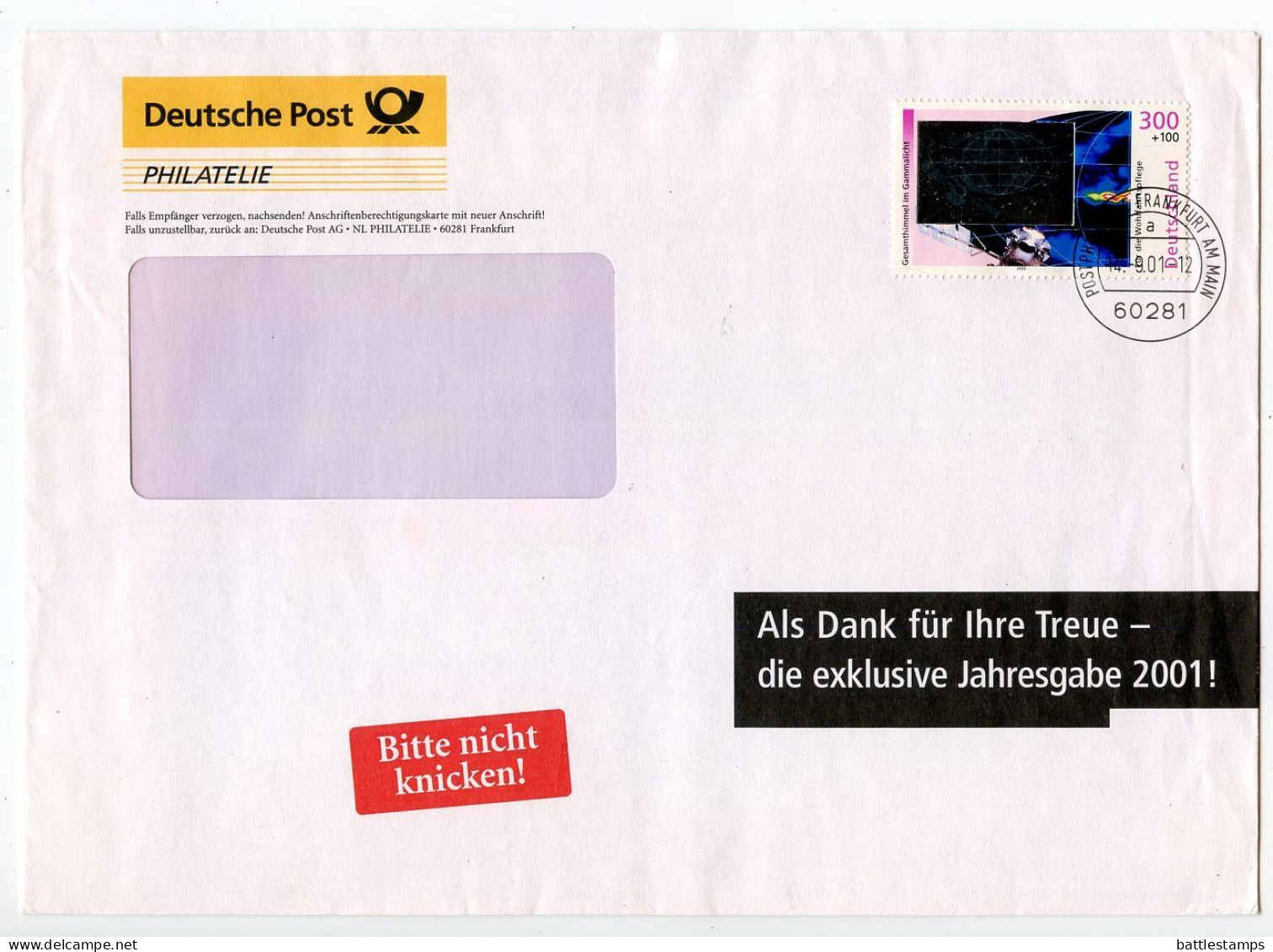 Germany 2001 Cover; Frankfurt Am Main - Deutsche Post; 300pf.+100pf. Cosmos - Gamma Ray Image, Hologram - Lettres & Documents