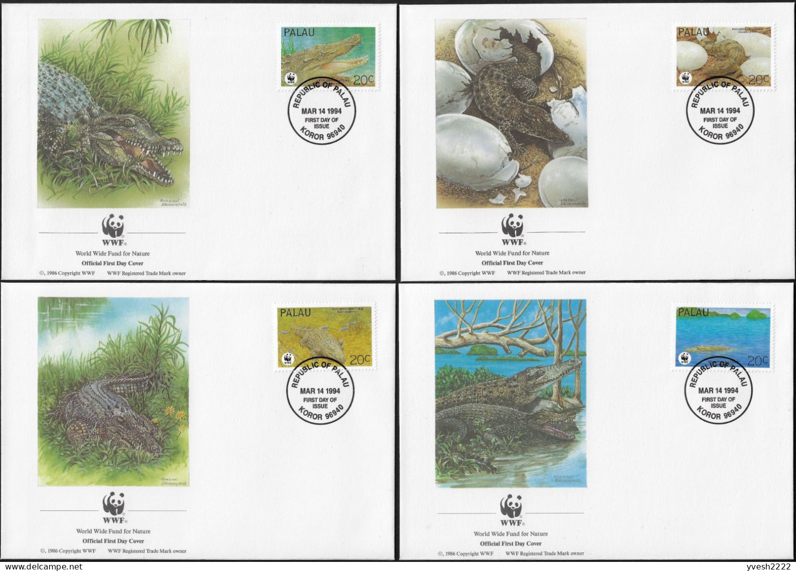 Palau 1994 Y&T 618 à 621 Sur FDC. WWF, Reptiles. Crocodylus Porosus, Le Crocodile Marin Ou Crocodile De Mer - Altri & Non Classificati