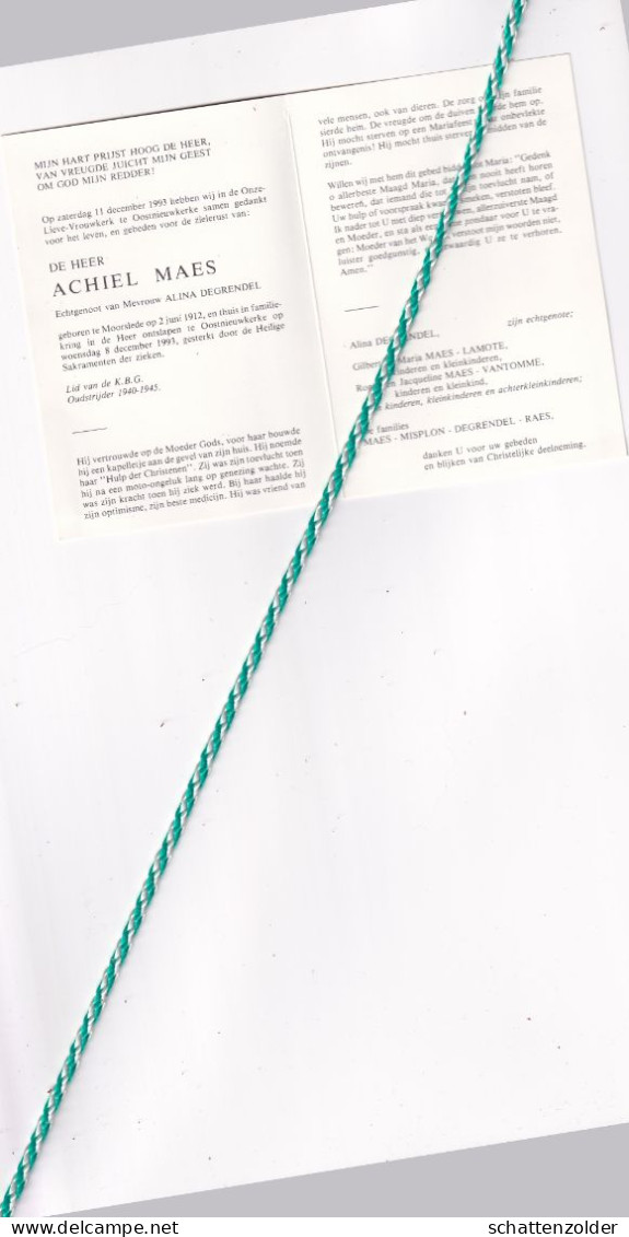 Achiel Maes-Degrendel, Moorslede 1912, Oostnieuwkerke 1993. Oud-strijder 40-45; Foto Kapel - Décès