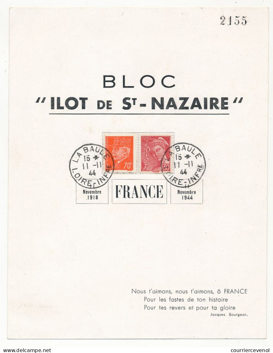 FRANCE - Bloc Numéroté N°2160 " Îlot De St Nazaire " Obl 11/11/1944 La Baule - 70c Pétain + 30c Mercure - 1938-42 Mercurius