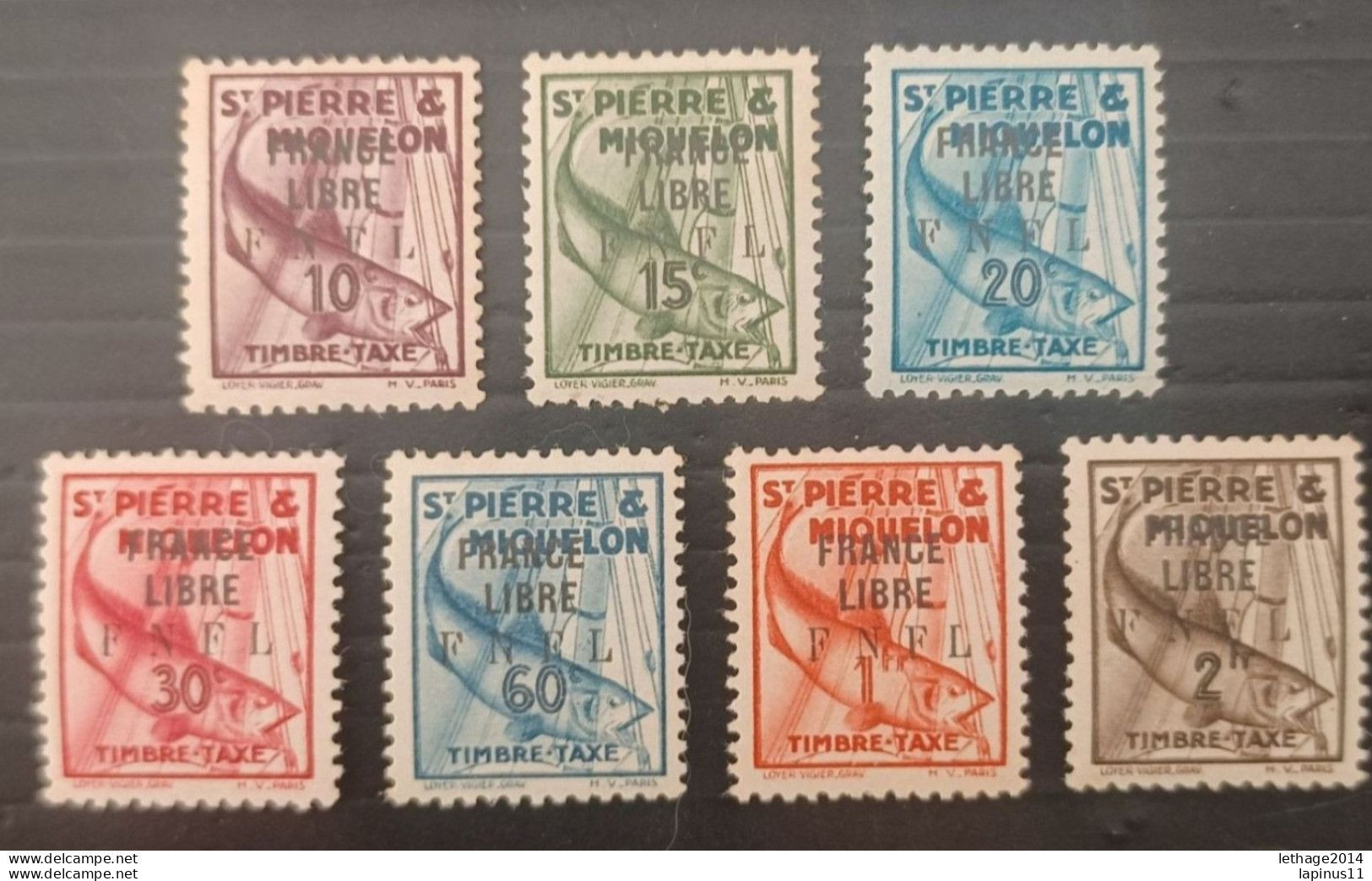 ST PIERRE ET MIQUELON 1941 TAXE OVERPRINT FRANCE LIBRE F N F L CAT. YVERT N. 58-59-60-61-63-64-65 MNH - Unused Stamps