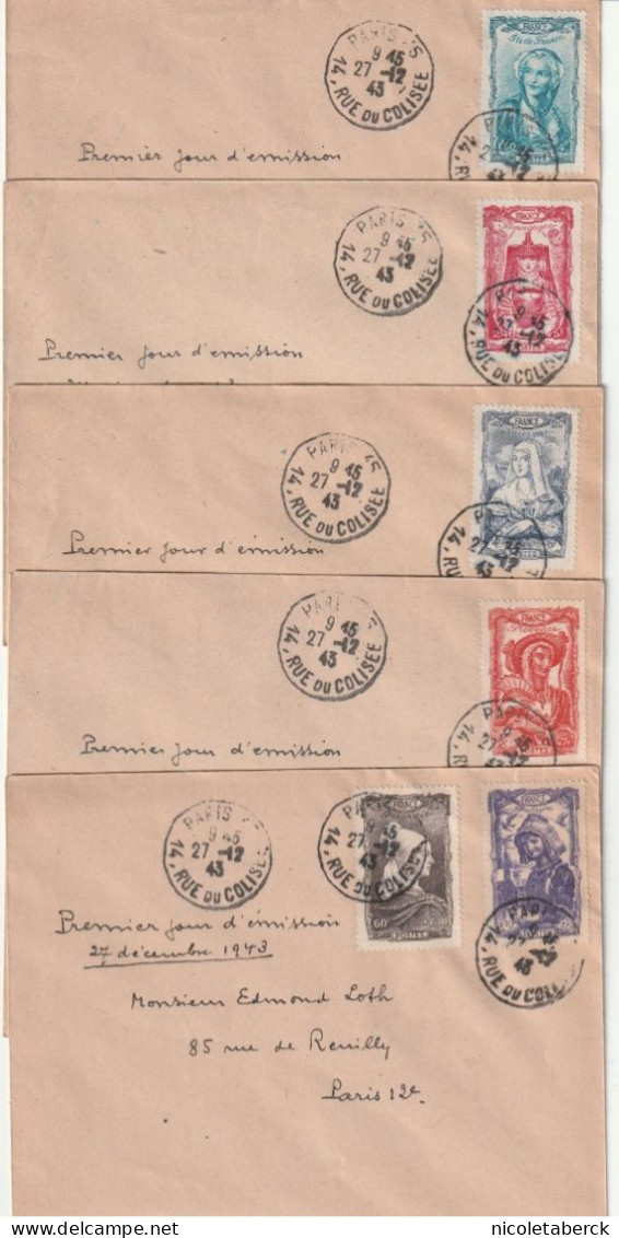 N°593/8 1er Jour Sur 5 Enveloppes, N°593/4 Ensemble Pour Le Tarif Postal. Toutes Ont Voyagées. Très Rare. - Storia Postale