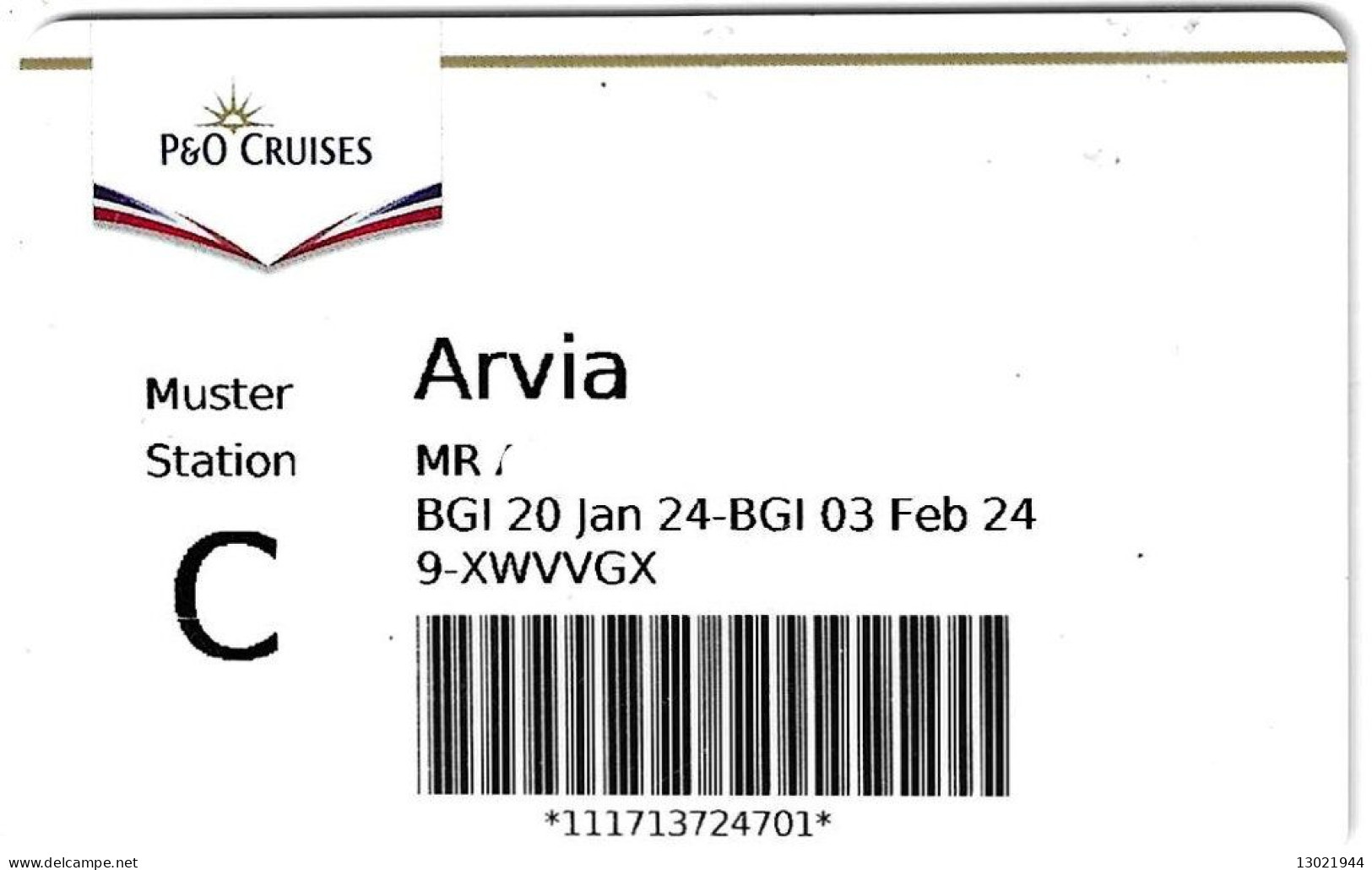 INGHILTERRA   KEY CABIN  P&O Cruises Arvia  (    Shipping Company ) - Hotelkarten
