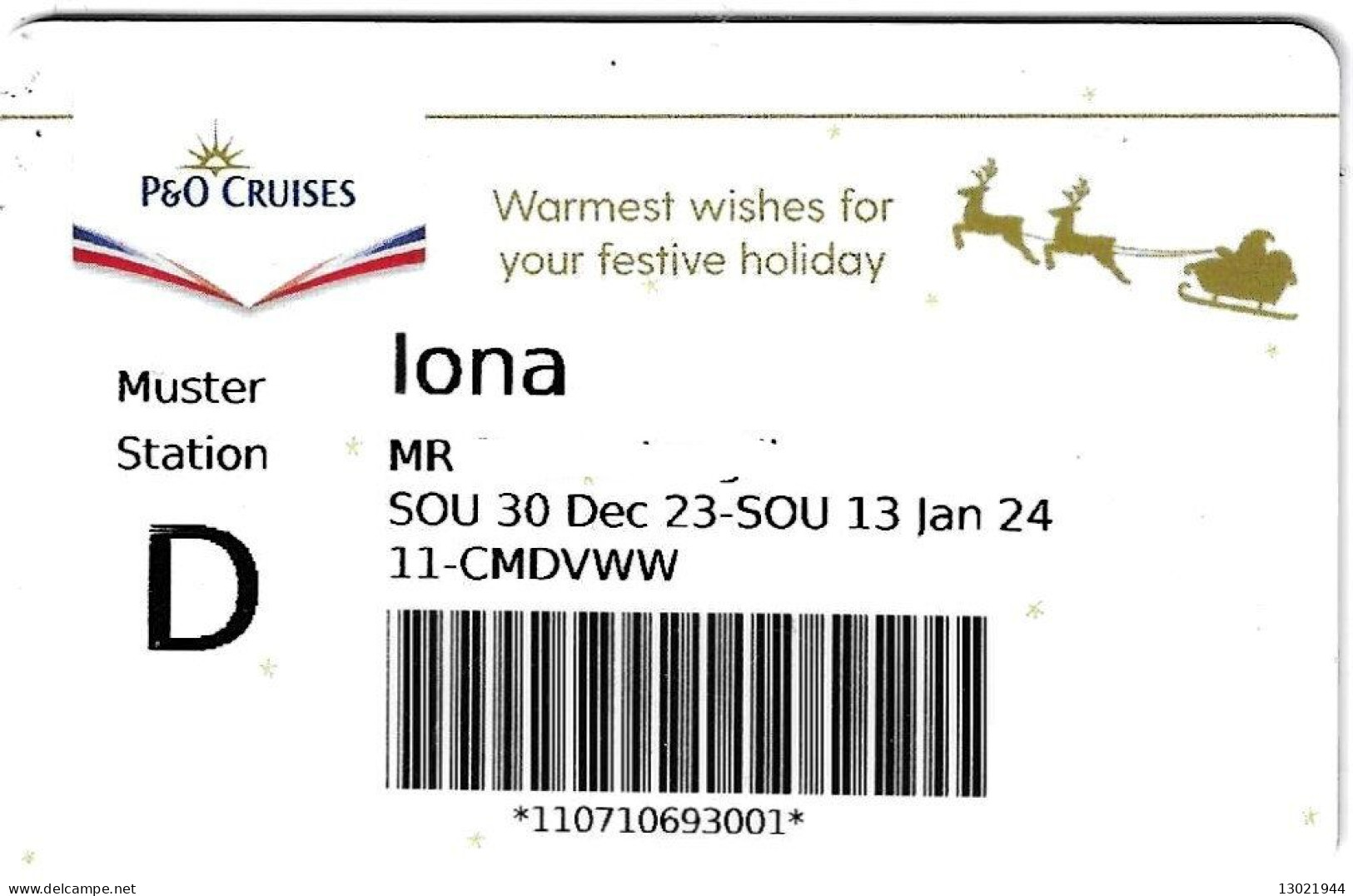 INGHILTERRA   KEY CABIN  P&O Cruises - P&O Iona  Christmas Cruises (    Shipping Company ) - Hotelkarten