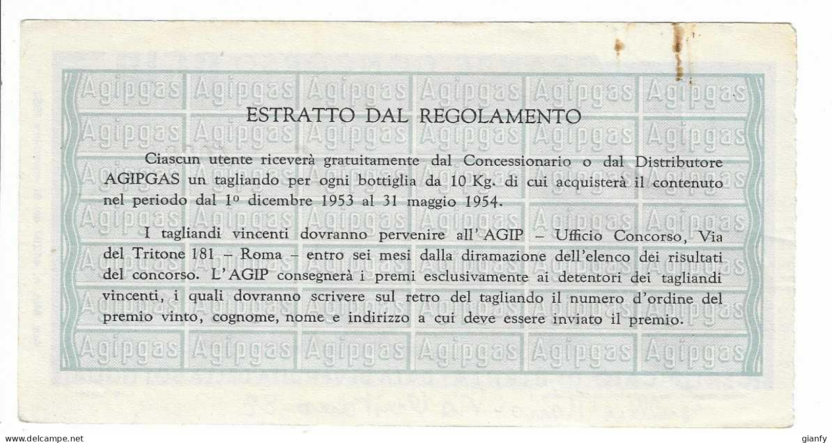 BIGLIETTO LOTTERIA GRANDE CONCORSO A PREMI AGIP AGIPGAS CAGLIARI 1953 - Biglietti Della Lotteria