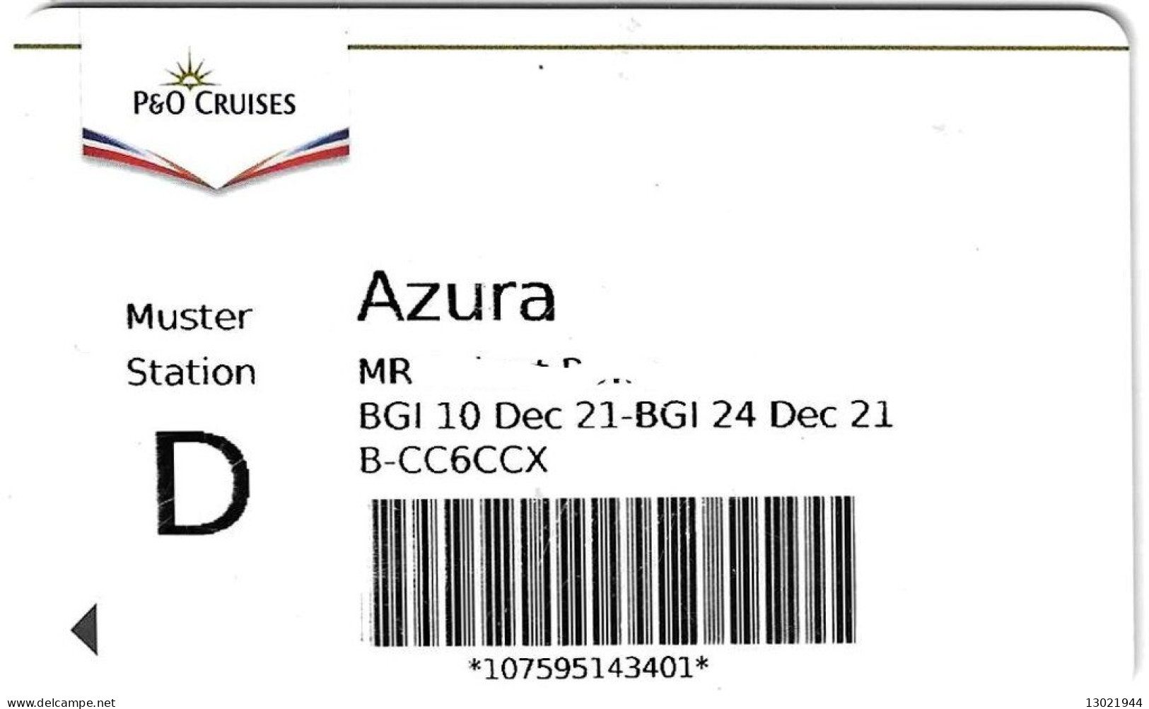 INGHILTERRA   KEY CABIN  P&O Cruises Azura  (    Shipping Company ) - Cartes D'hotel