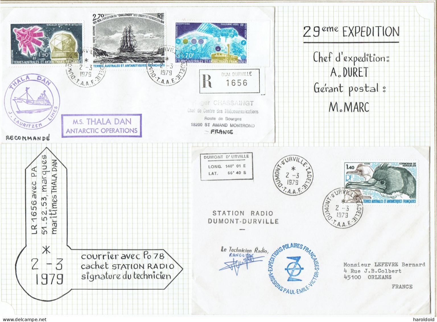 29e Expedition - LR Dumont D'Urville Marques THALA DAN + LS Cachet Station Radio Et Signature Du Technicien 2/3/1979 - Brieven En Documenten