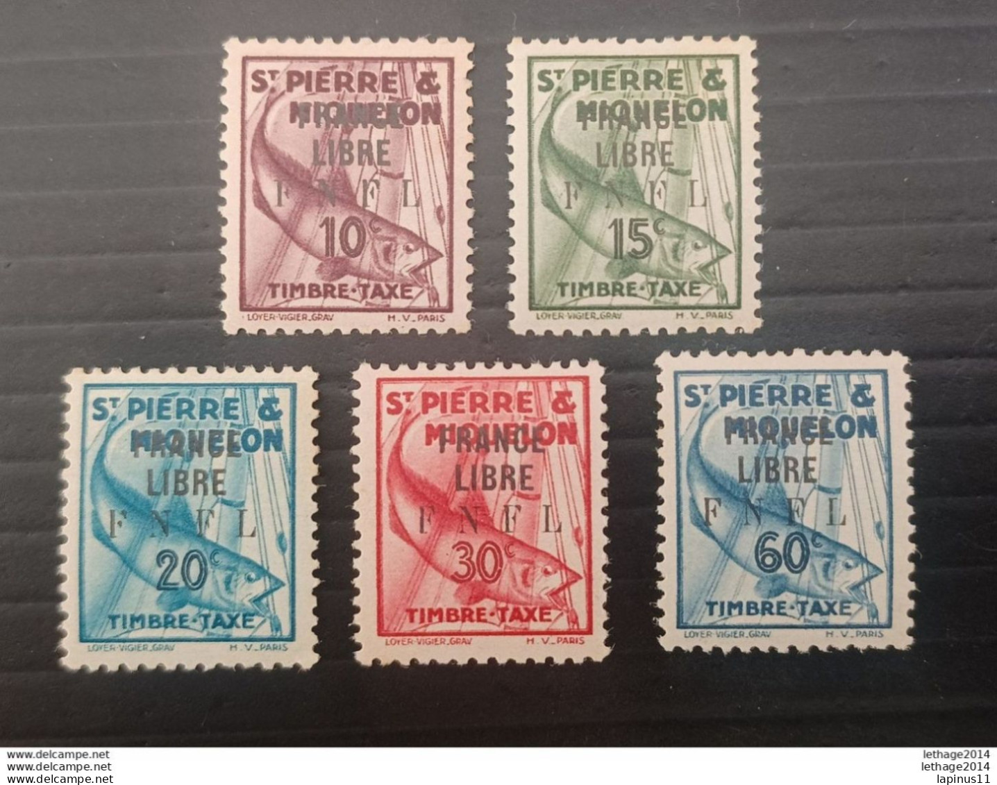 ST PIERRE ET MIQUELLON 1941 TAXE OVERPRINT FRANCE LIBRE F N F L CAT. YVERT N. 58-59-60-61-63 MNH - Unused Stamps