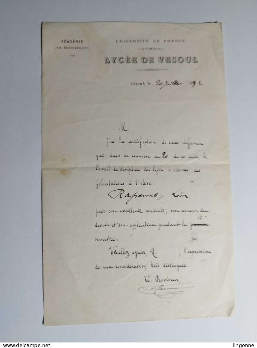 1892 Lycée De VESOUL (Haute-Saône 70) ACADEMIE De BESANCON UNIVERSITE DE FRANCE Félicitation à L'élève RAPENNE Léon - Diploma's En Schoolrapporten
