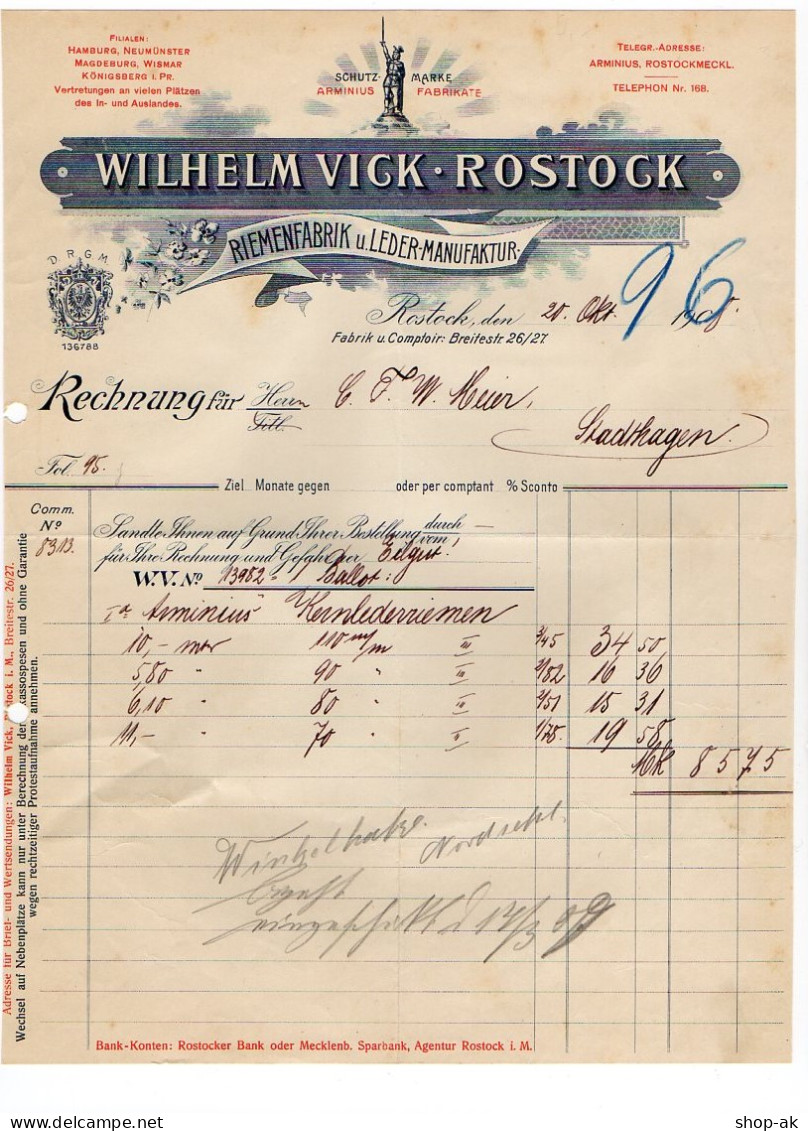 C722/ Rechnung Wilhelm Vick Rostock  Riemenfabrik 1908 - Autres & Non Classés