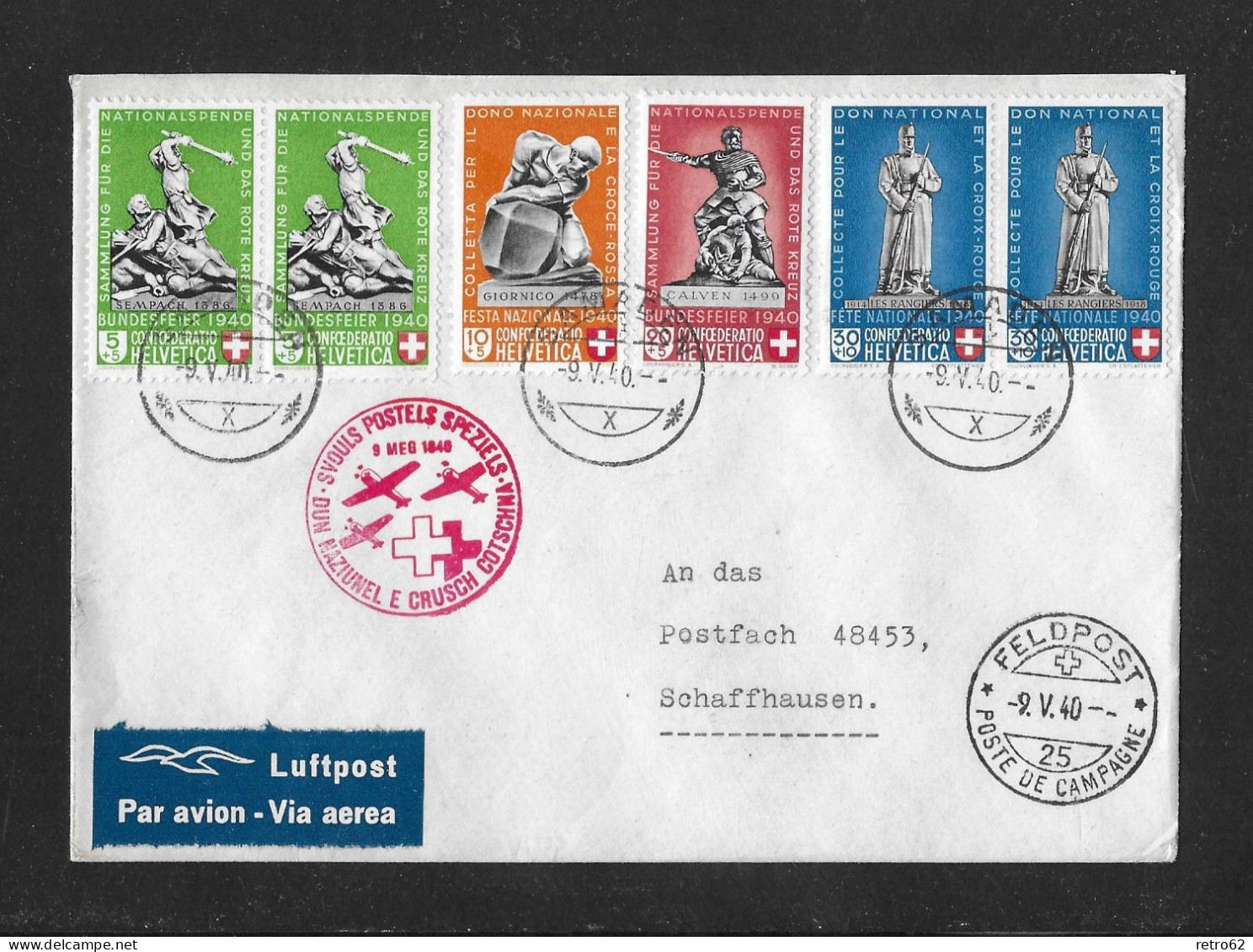1940 GESCHICHTLICHE MOTIVE ► Luftpost Brief Nationalspende Rotes Kreuz, Postsammelstelle SAMADEN   ►SLH-SF 40.2q◄ - Lettres & Documents