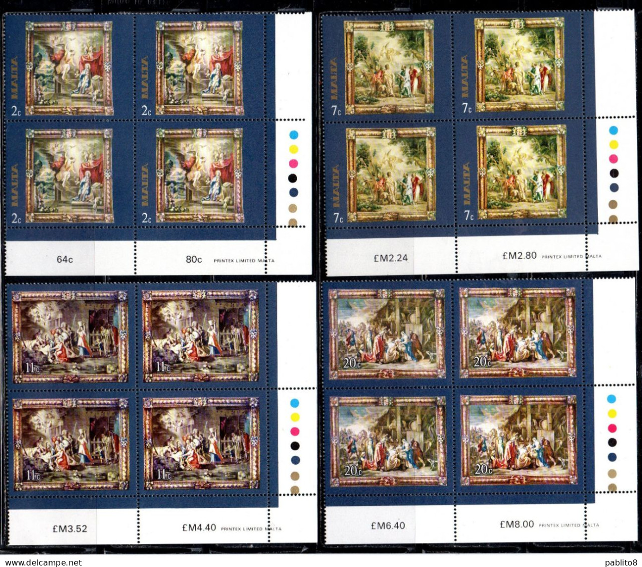 MALTA 1977 TAPESTRIES AFTER DESIGNS BY RUBENS ARAZZI TAPESTRY COMPLETE SET SERIE COMPLETA BLOCK QUARTINA MNH - Malte