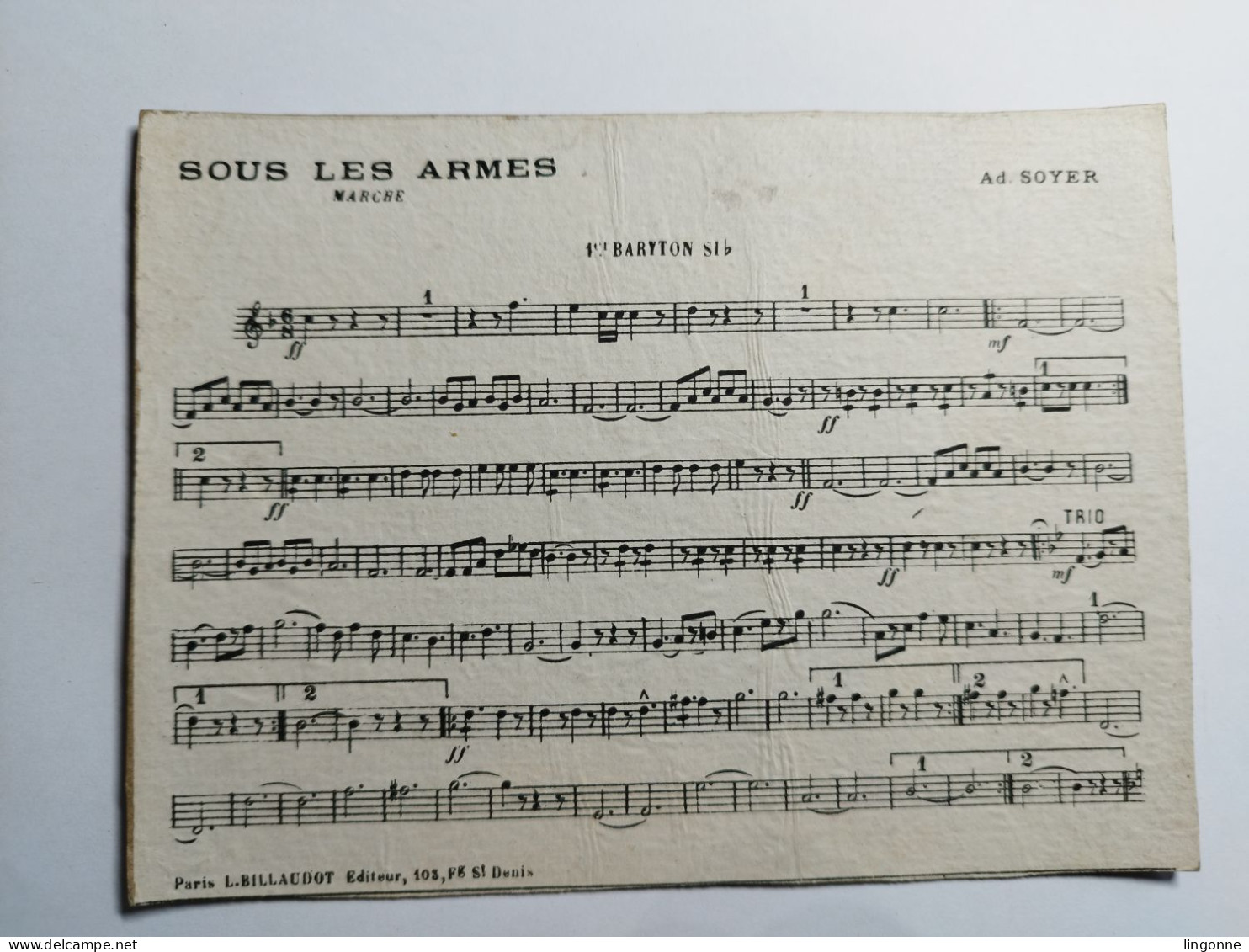 PARTITION Cartons Réglés Pour La Musique Militaire SOUS LES ARMES 1er BARYTON SI B Ad SOYER - Partitions Musicales Anciennes