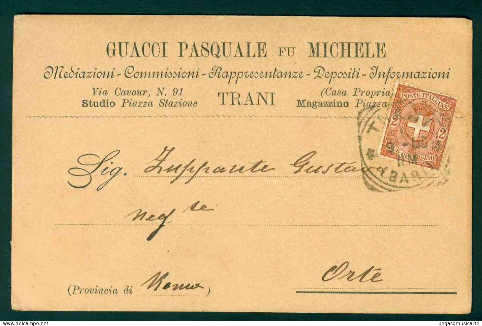 BB035 - GUACCI PASQUALE FU MICHELE MEDIAZIONI TRANI CARTOLINA COMMERCIALE PER ORTE 1900 - Marchands