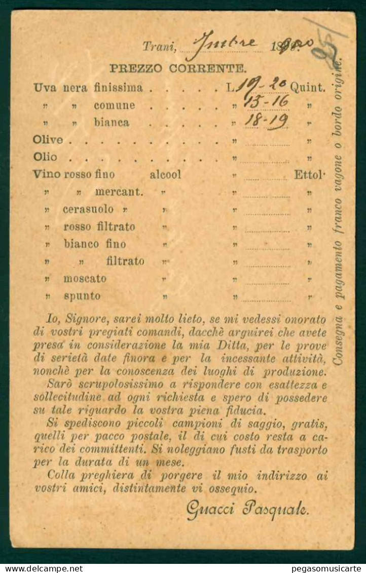 BB035 - GUACCI PASQUALE FU MICHELE MEDIAZIONI TRANI CARTOLINA COMMERCIALE PER ORTE 1900 - Marchands