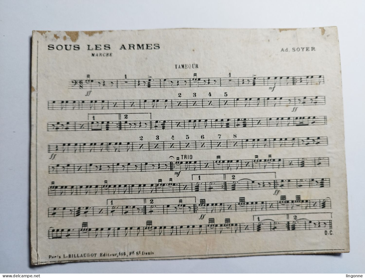 PARTITION Cartons Réglés Pour La Musique Militaire SOUS LES ARMES TAMBOUR Ad SOYER - Partituren