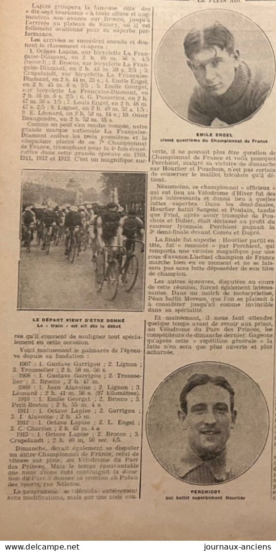 1913 CYCLISME - Le Championnat De France Des 100 Km Sur Routes - Octave LAPIZE - BROCCO - CRUPELANDT - Emile ENGEL - 1900 - 1949