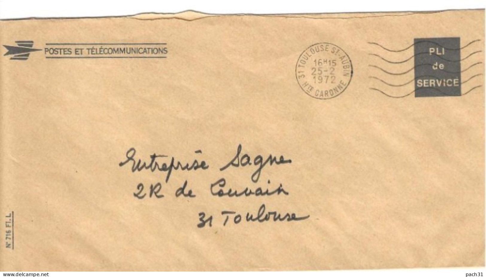 Pli De Service PTT Cachet Toulouse St Aubin 1972 - Briefe U. Dokumente
