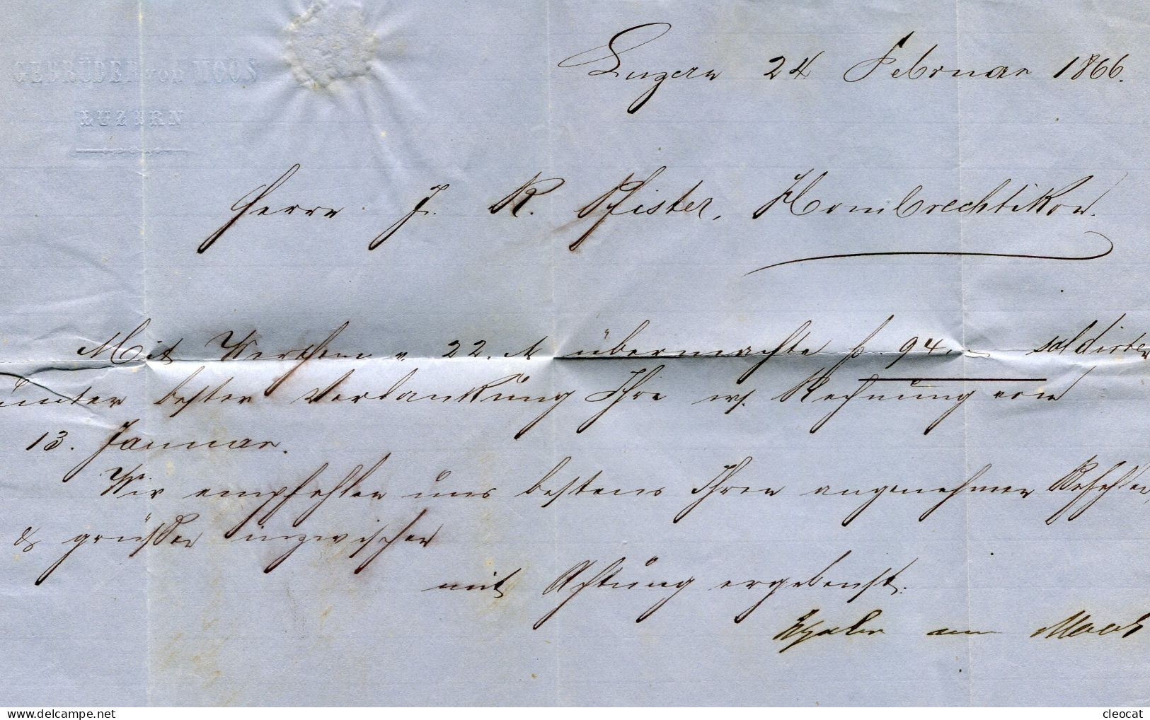 Faltbrief Von Luzern Nach Hombrechtikon 1866 - Lettres & Documents