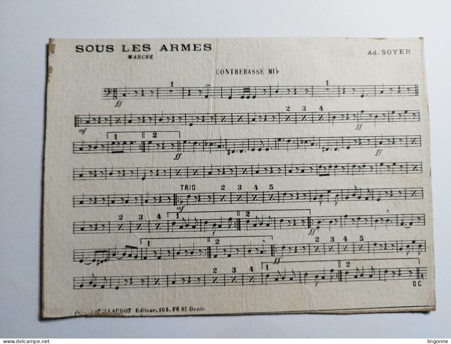 PARTITION Cartons Réglés Pour La Musique Militaire SOUS LES ARMES CONTREBASSE MI B Ad SOYER - Partitions Musicales Anciennes