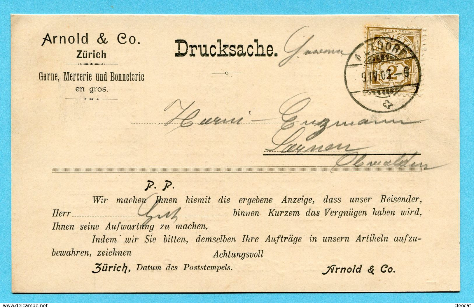 Drucksache Von Altdorf Nach Sarnen 1902 - Absender: Arnold & Co. - Covers & Documents
