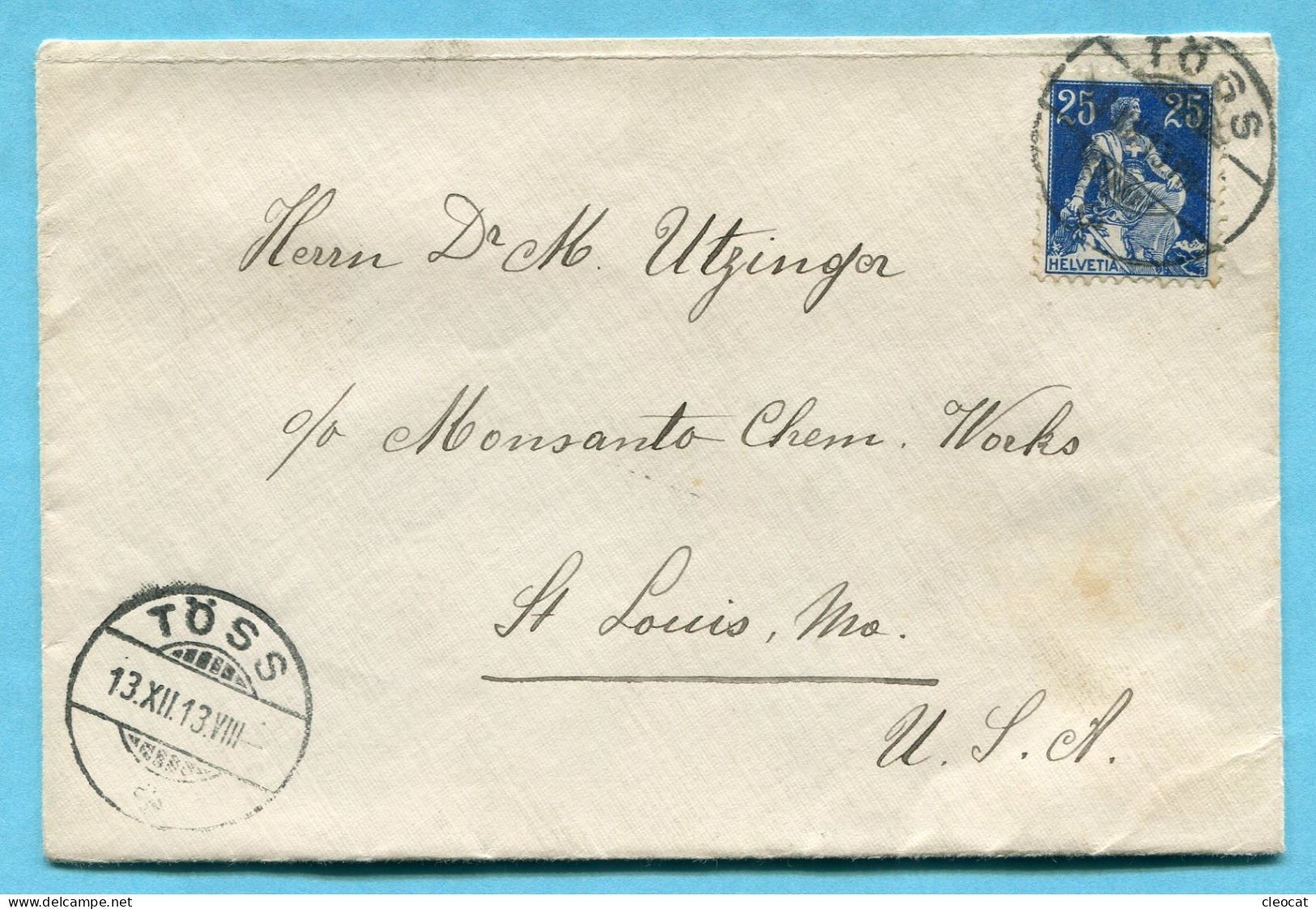 Brief Von Töss Nach St. Louis 1913 - Lettres & Documents