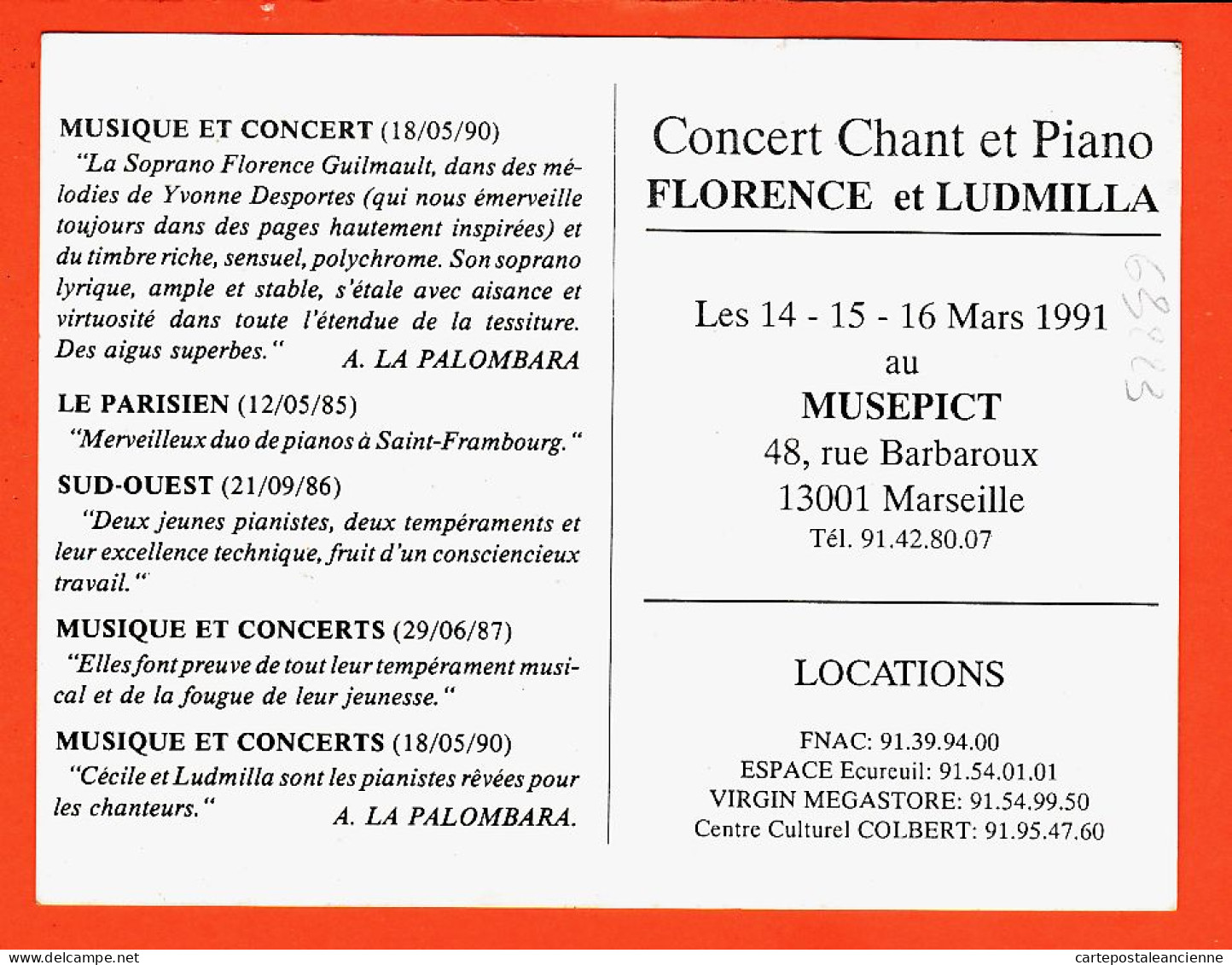 07744 / ⭐ MARSEILLE ● Ensemble GUILMAULT Concert Chant Piano FLORENCE LUDMILLA 14-16 Mars 1991 MUSEPICT Rue BARBAROUX - Canebière, Centro