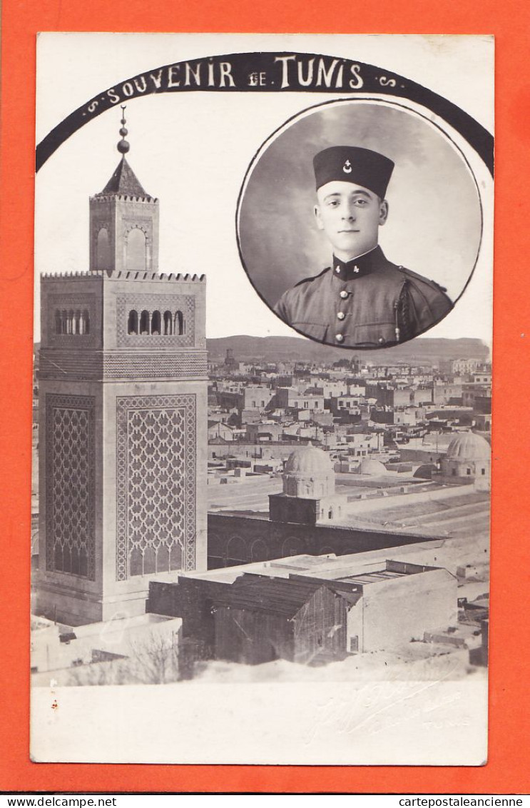 07892 ● Carte-Photo TUNIS SOUVENIR Portrait Militaire 4e Regiment ZOUAVES 1929-30 Photographe ADAMO 10 Rue Des Maltars - Tunisie