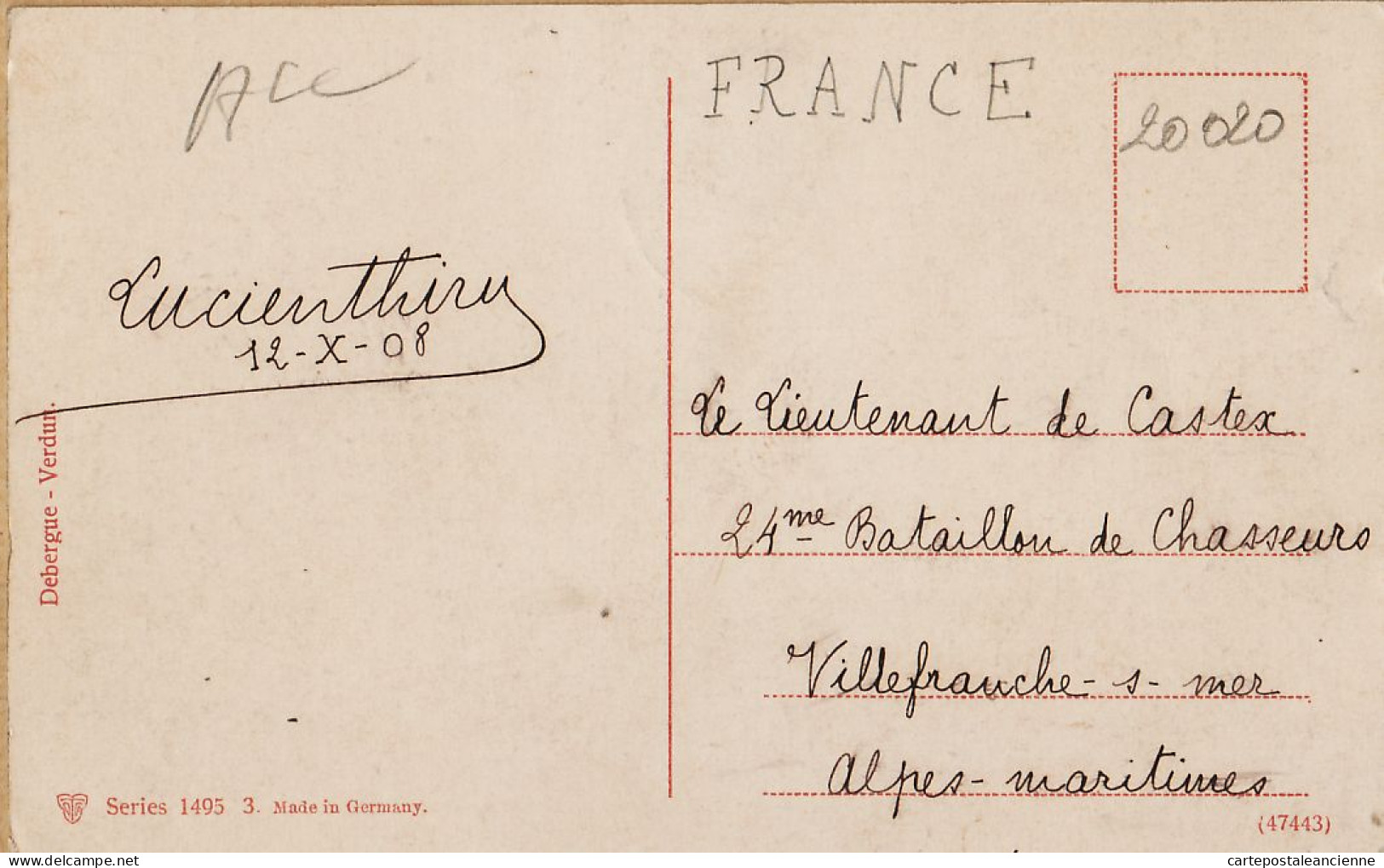 07829 ● Vincent THIRY à Lieutenant DE CASTEX 24e Chasseurs Alpins 1908 VILLEFRANCHE-sur-MER Sections Mitrailleuses - Regimente