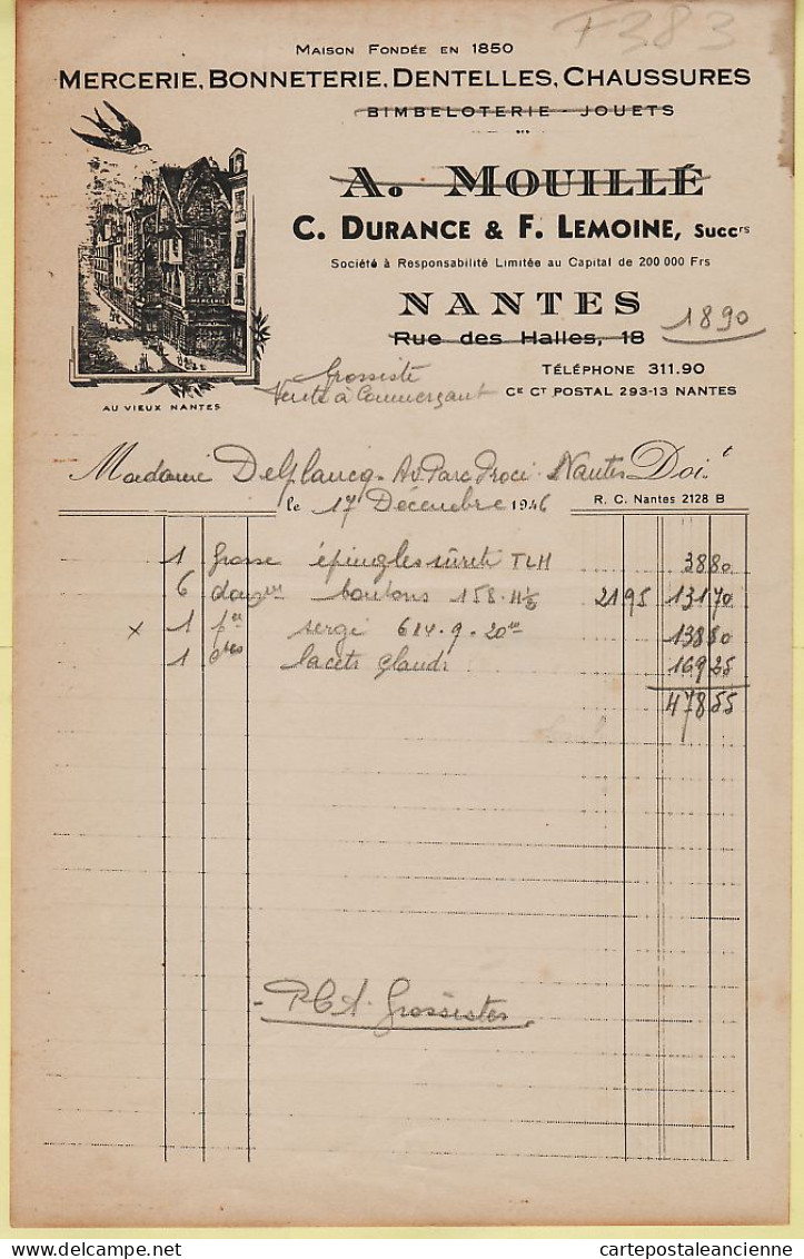 07998 / ⭐ NANTES Mercerie  MOUILLE DURANCE LEMOINE Bonneterie Dentelles Chaussures Facture 17-12-1946 à DELPLANCQ - Textile & Clothing