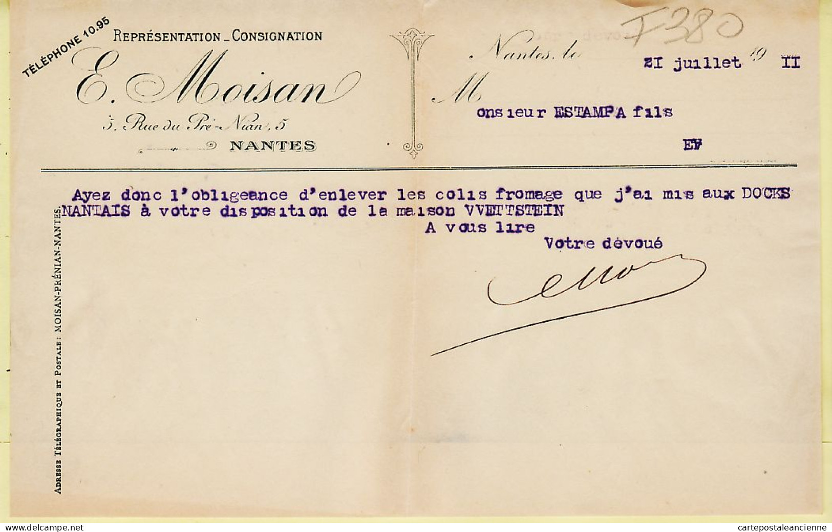 07999 / ⭐ NANTES Représentation Consignation MOISAN Rue Pré Nian Mise Disposition Docks Nantais VETTSTEIN 1911 à ESTAMPA - Lebensmittel