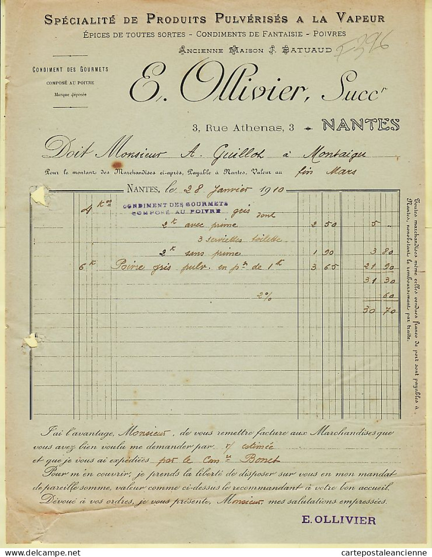 07992 / ⭐ NANTES Maison OLLIVIER BATUAUD Produits Pulvérisés Vapeur Epices Facture 28-01-1910 à GUILLOT Montaigu - Alimentos