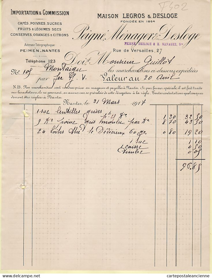 07990 / ⭐ NANTES Importation Maisons DESLOGE & LEGROS PEIGNE-MENAGER Facture Lentille Poivre Thé 1917 à GUILLOT Montaigu - Alimentos