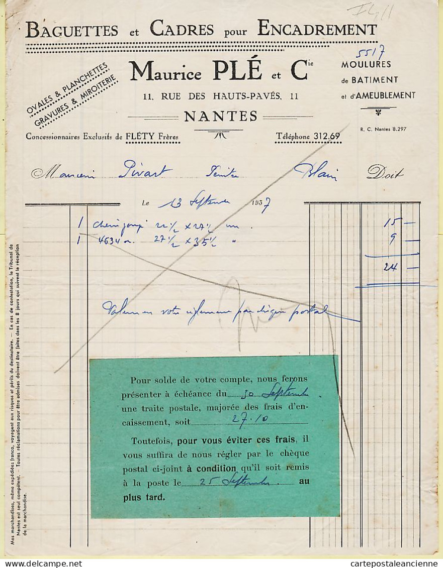 07987 / ⭐ NANTES Maurice PLE Baguette Cadre Encadrement 11 Rue Hauts Pavés Facture 13-09-1937 à PIVART Peintre Blain - Textile & Vestimentaire