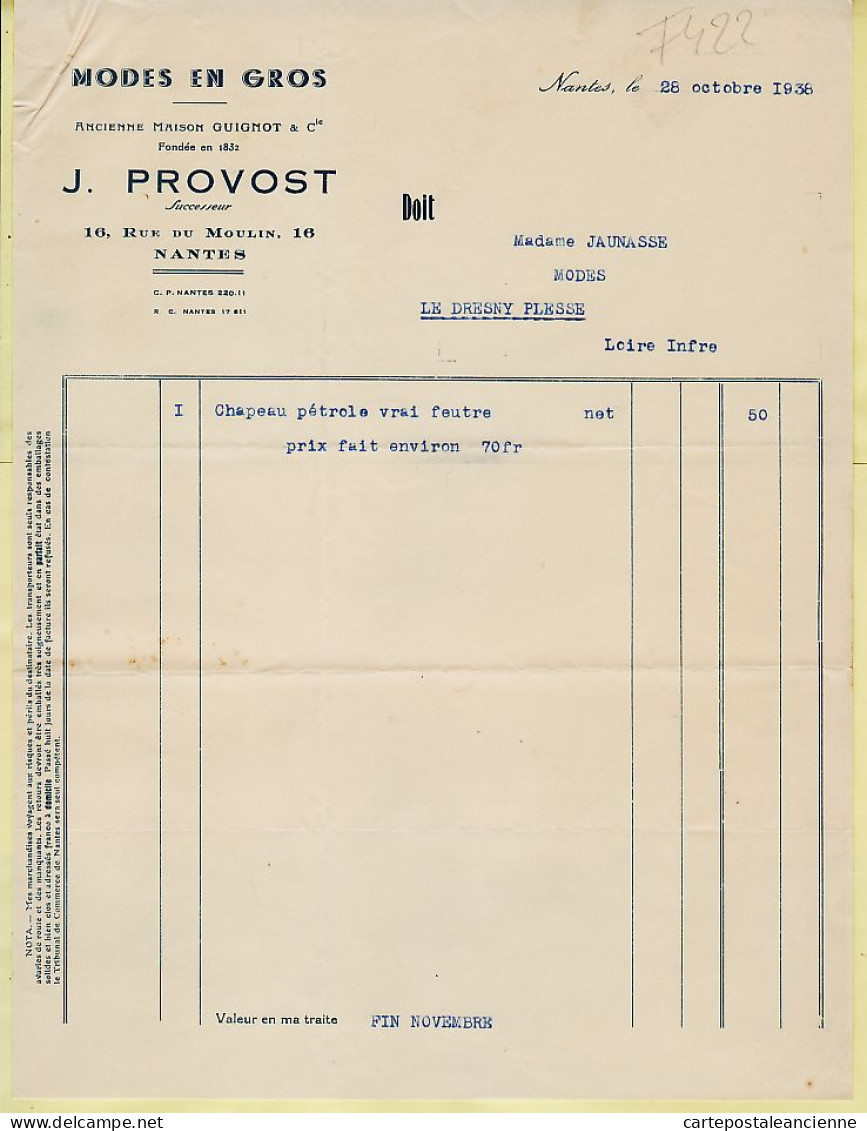 07980 / ⭐ NANTES Modes Gros PROVOST Ancienne Maison GUIGNOT Rue Moulin Fact. Chapeau Pétrole 1938 JAUMASSE Dresny Plesse - Kleidung & Textil