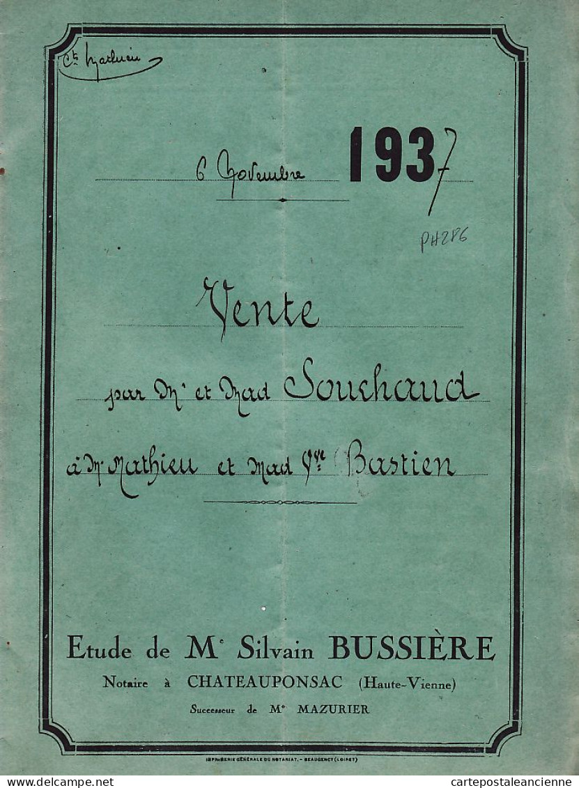 07976 / ⭐ ♥️ MONTMAUD-CHATEAUPONSAC Acte Notaire BUSSIERE Vente SOUCHAUD-MATHIEU BASTIEN Lot Communal Lieudit LES COTES - 1900 – 1949