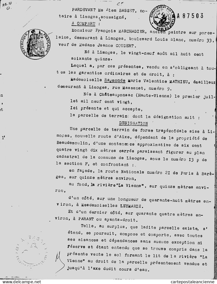 07979 / ⭐ ♥️ Acte Notaire PEUCHAUD Chateauponsac 1956 Vente DELHOUME Cultivateur-MATHIEU Emailleur Terre Dite DU COUDER - 1900 – 1949