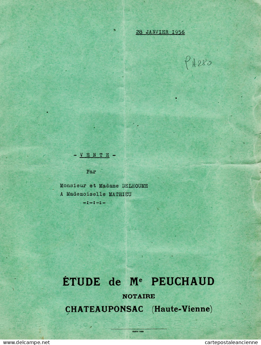 07978 / ⭐ ♥️ Acte Notaire PEUCHAUD Chateauponsac 1956 Vente DELHOUME Cultivateur-MATHIEU Emailleur Terre Dite DU COUDER - 1900 – 1949
